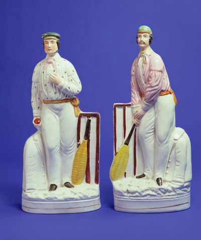 Paire de joueurs de cricket en céramique de Staffordshire réputés représenter George Parr et Julius Caesar - English School